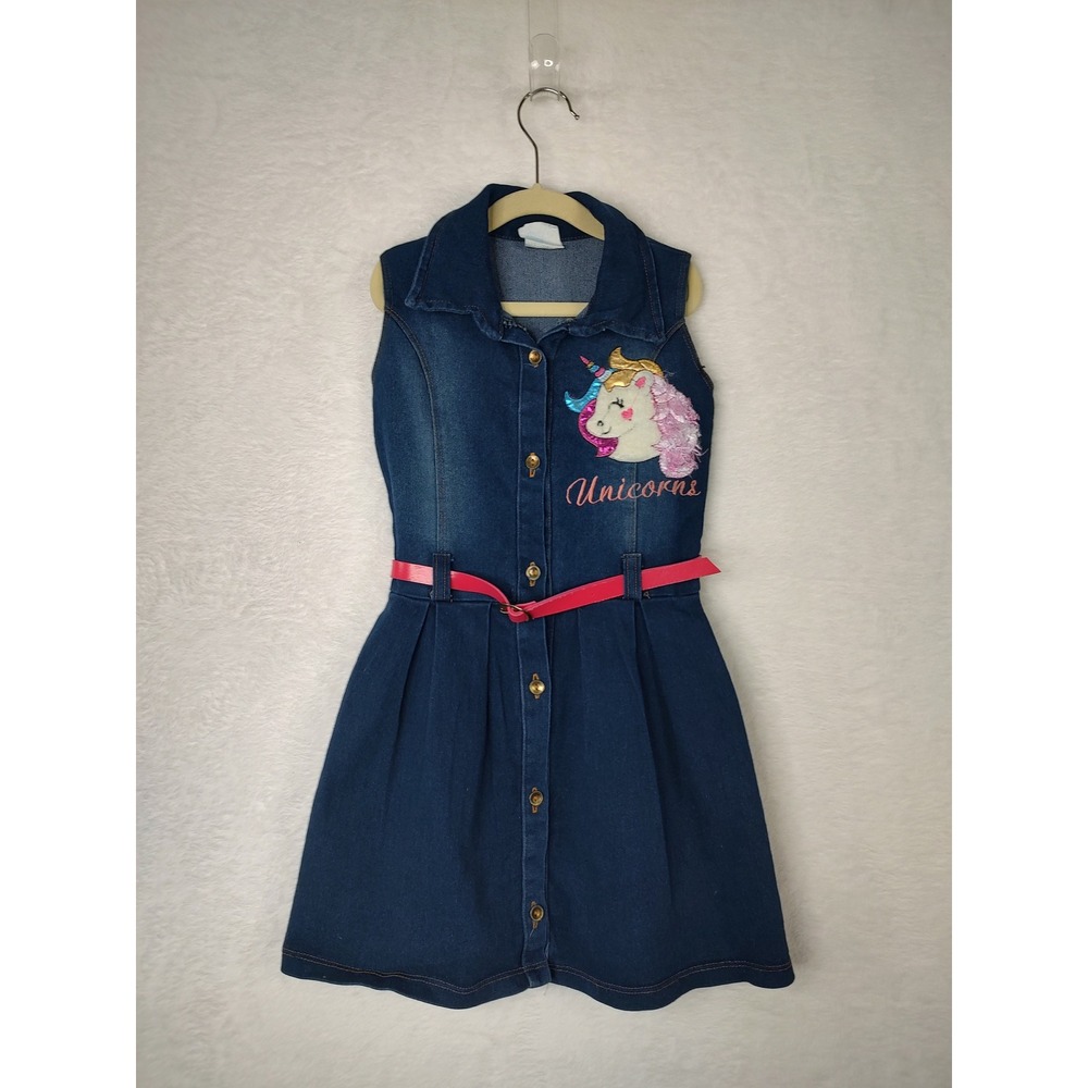 Girls Blue Denim Sleeveless Unicorn Embroidered Belted‎ Button Front Dress